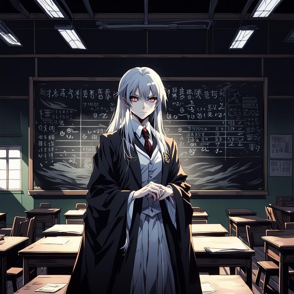 Vampire Teacher in Anime Style Classroom