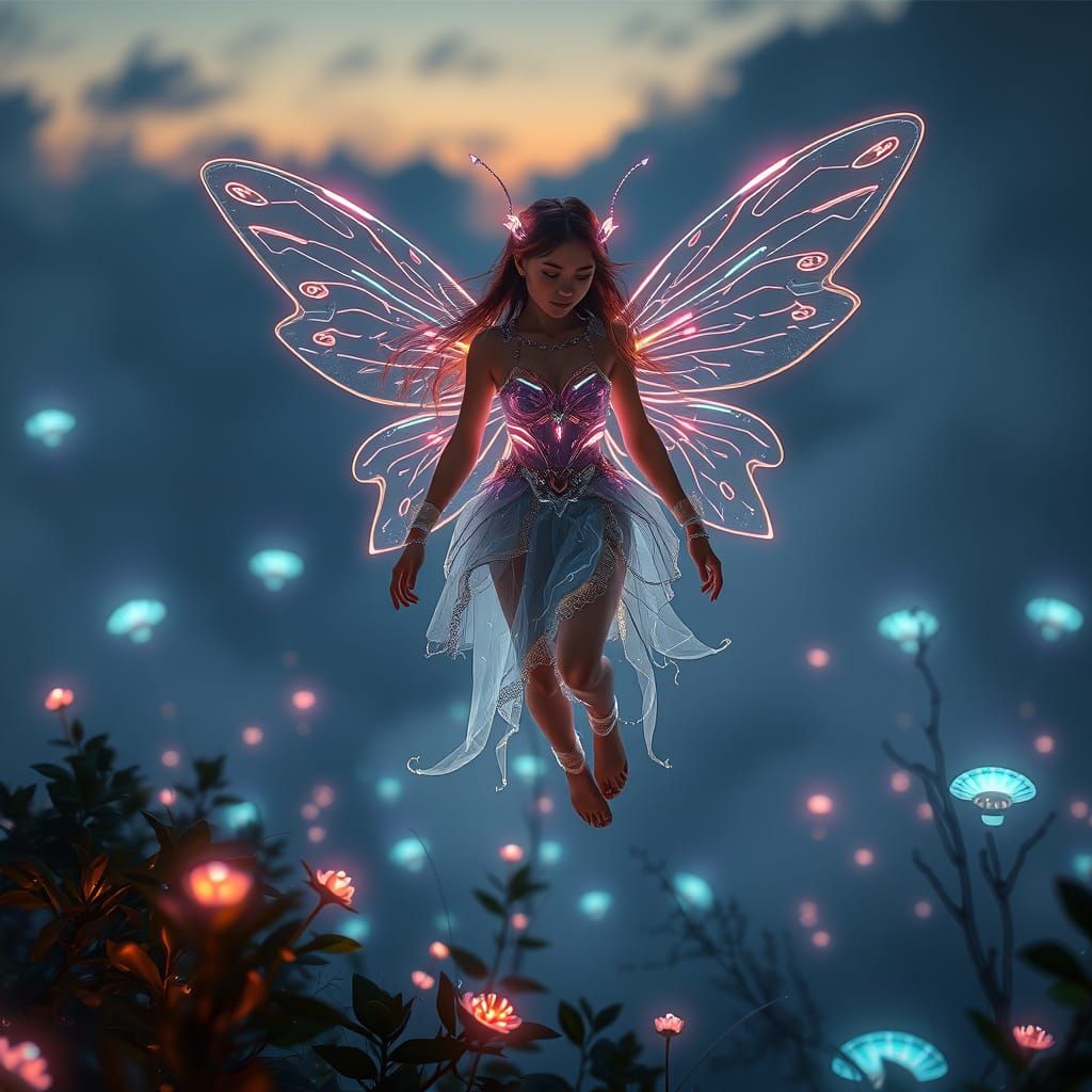 Cybernetic Fairy Princess in Neon Forest