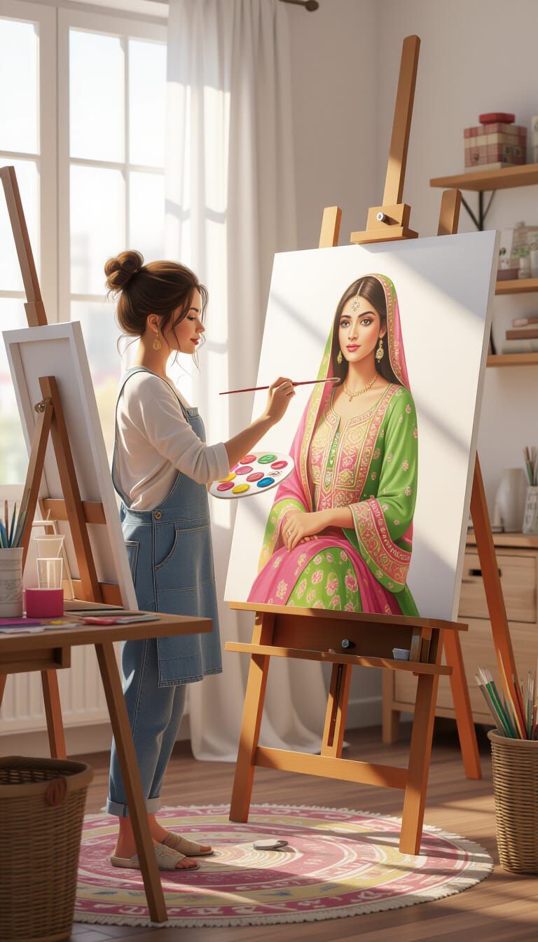 Artist Paints Model in Vibrant Shalwar Kameez, Candyland Sty...