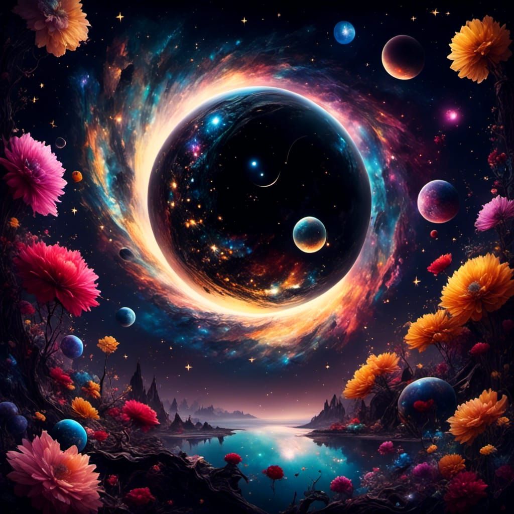 Ringed Black Planet with Nebulae and Flowers