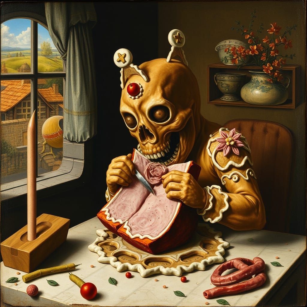 Surreal Gingerbread Man Chomps on Ham in a Hieronymus-Inspir...