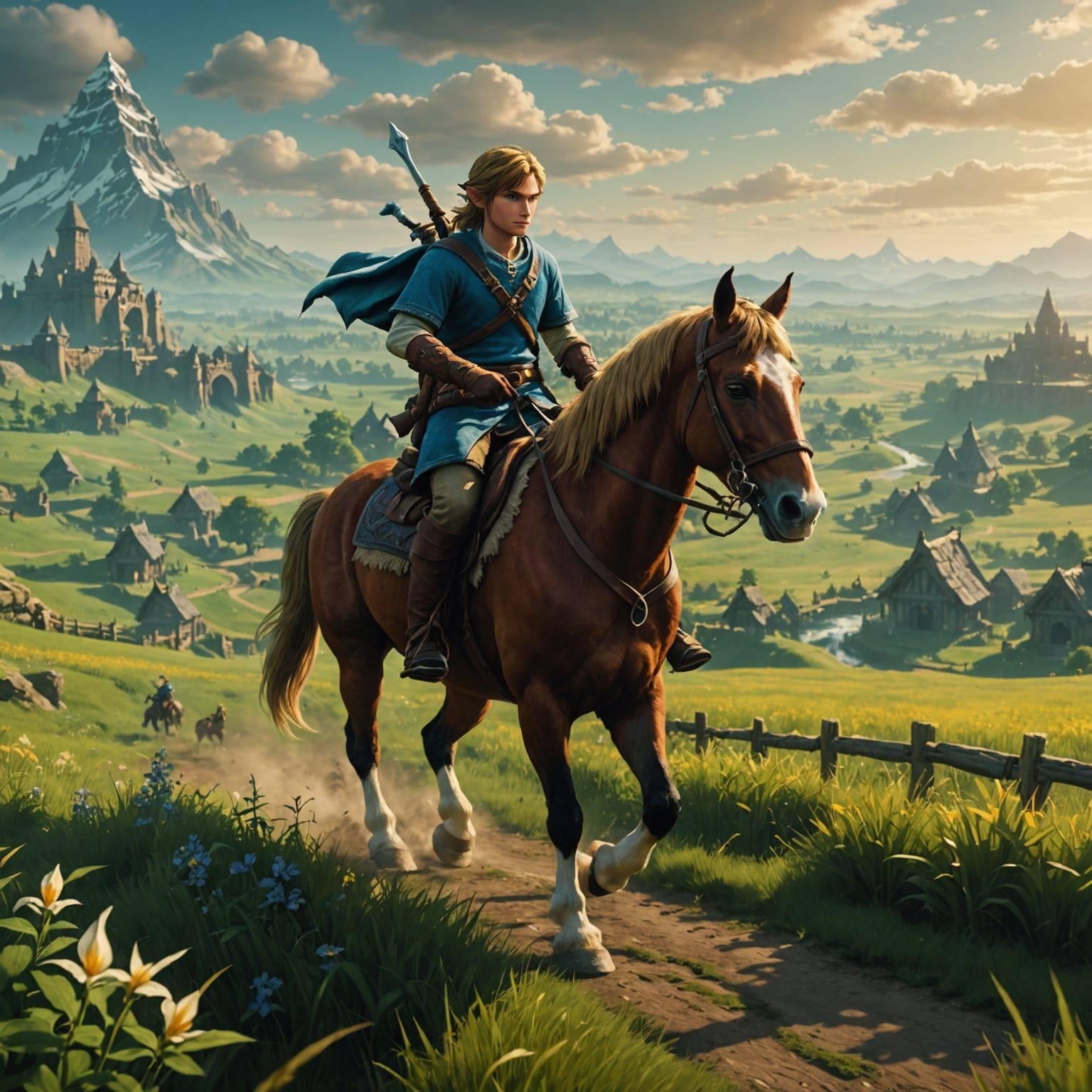 Link from Tears of the Kingdom on Horseback in Hyrule Field,...