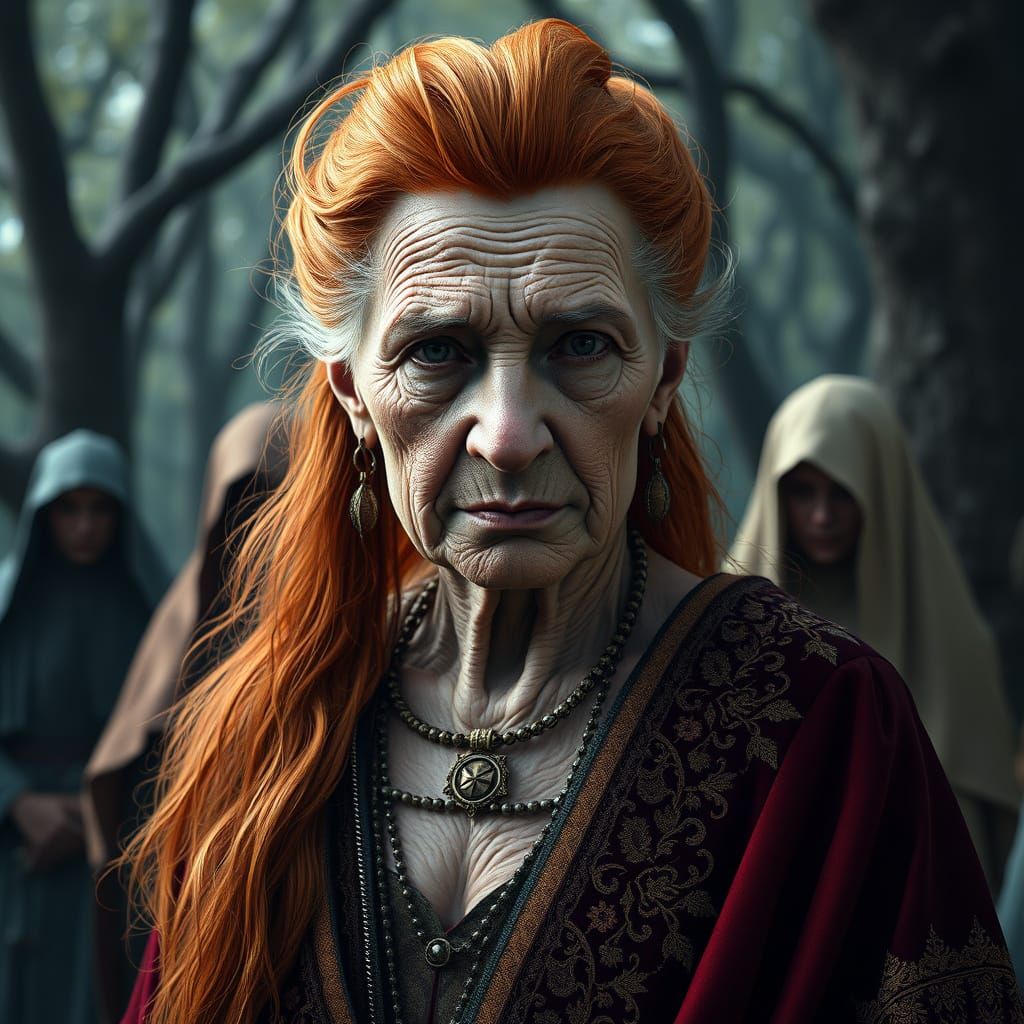 Elder Druidess Norma in Regal Robes, Surrounded by Priests