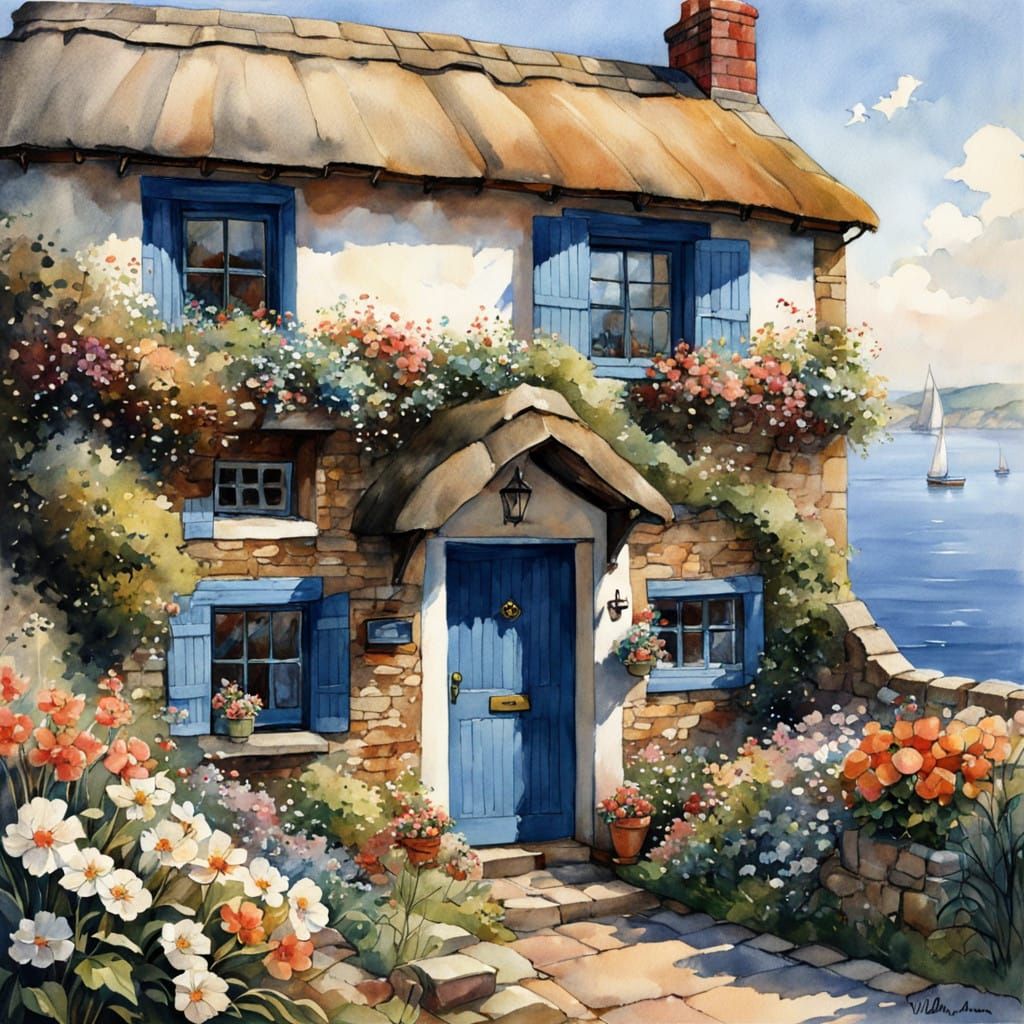 Vintage Thatched Cottage on a Cliffside Overlooking the Sea