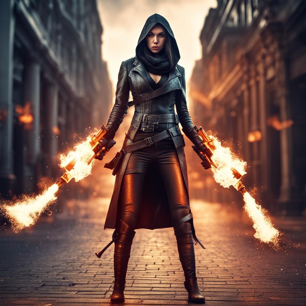 Assassin Woman with Firearm in City, Realistic Photography