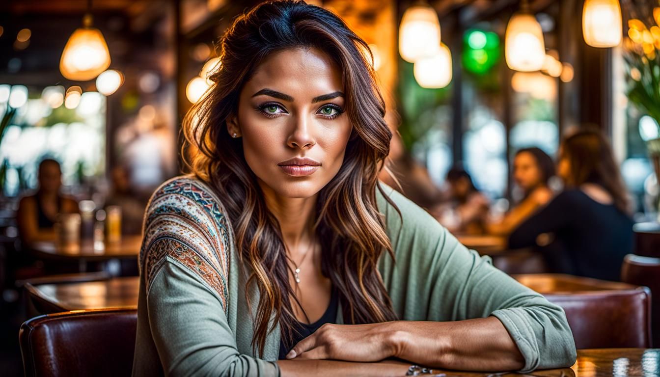 Latina Woman in Cafe with Bokeh Background