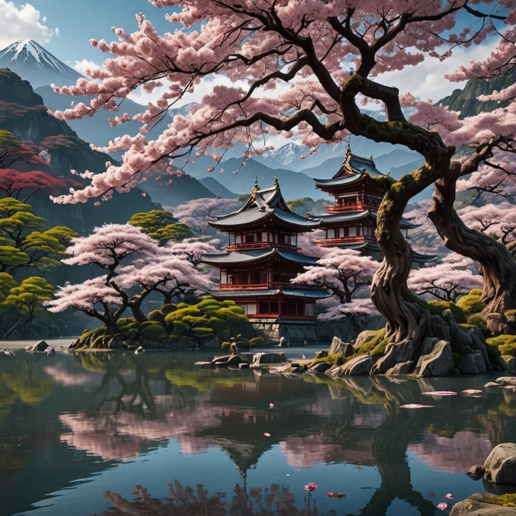 A beautiful ancient sakura tree in front of a lake. Mountain...