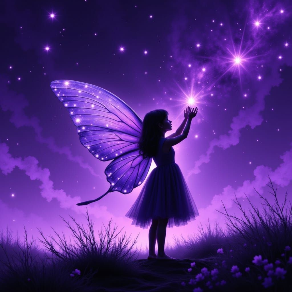 Girl With Starry Butterfly Wings in Cosmic Sky