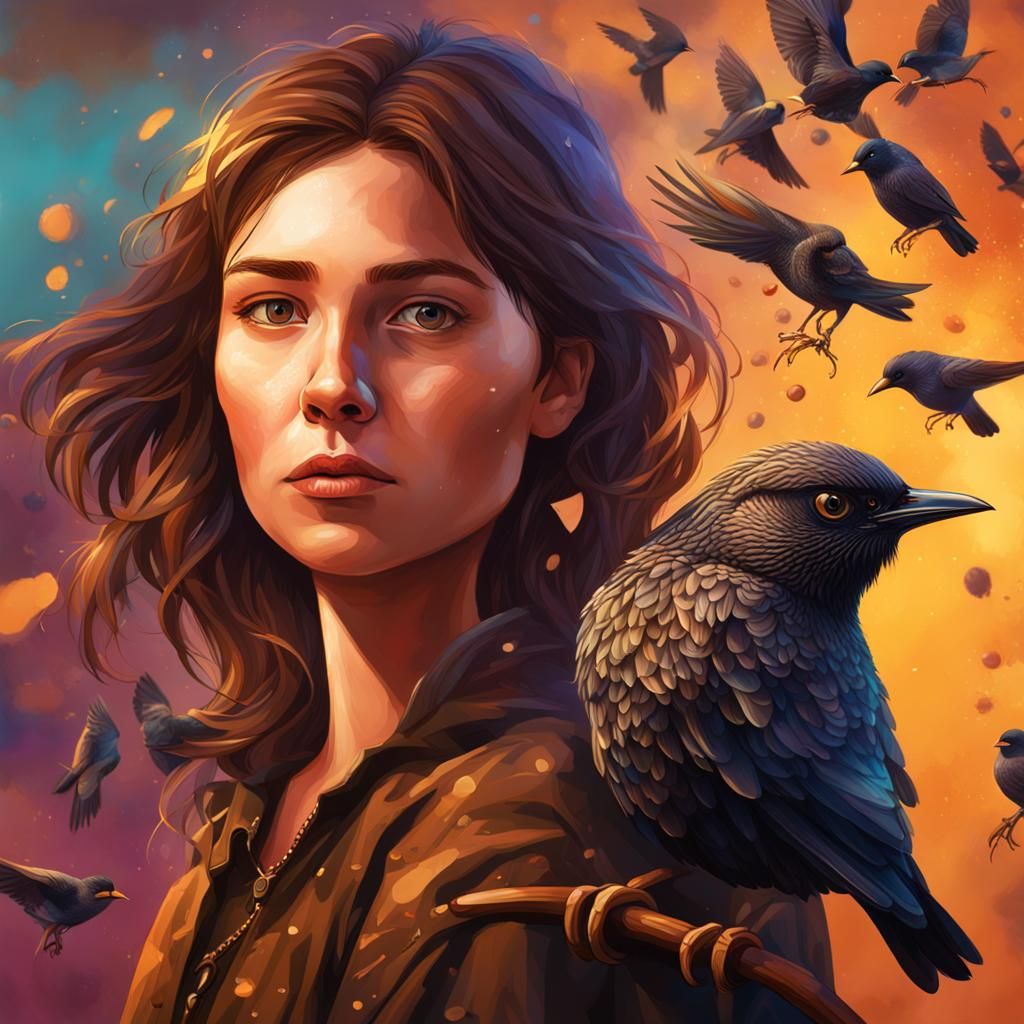 Woman Holding Starling: Hyperrealistic Splash Art Portrait