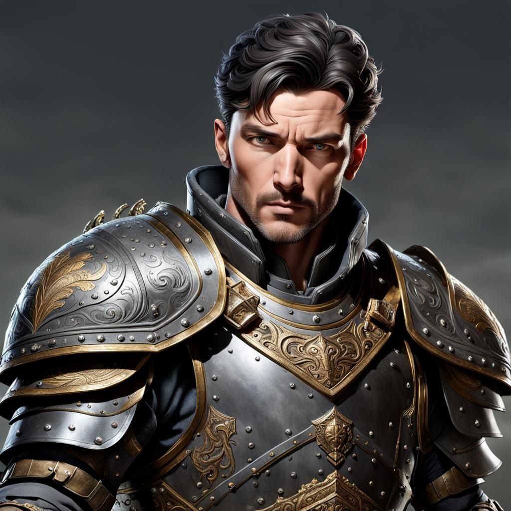 Imposing Medieval Man-at-Arms Portrait in Art Nouveau Style