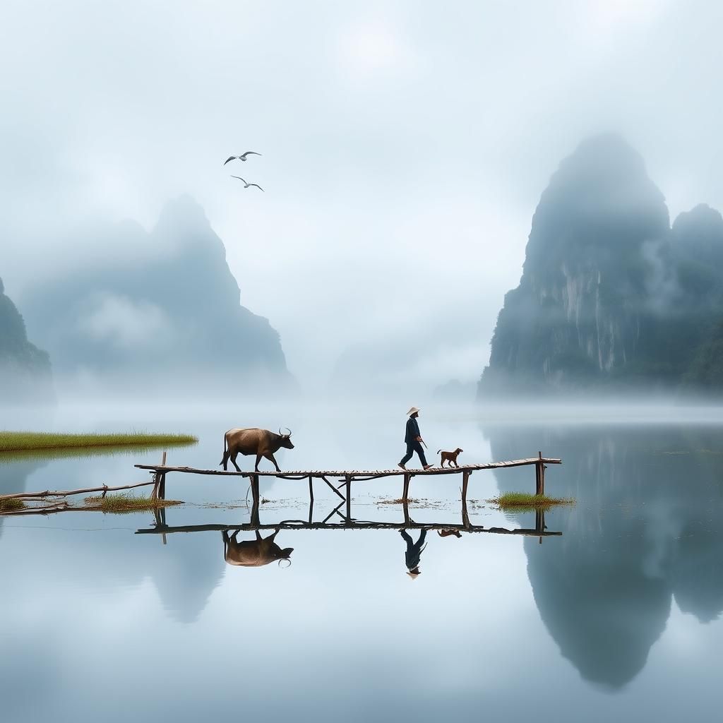 Misty Vietnamese Landscape with Water Buffalo