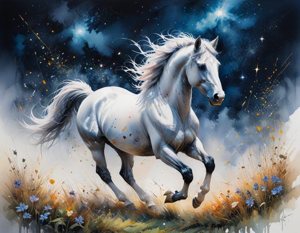 Stallion Galloping Under Starry Sky, in Watercolor Style