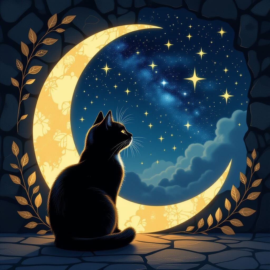 Black Cat on Crescent Moon with Bioluminescent Stars