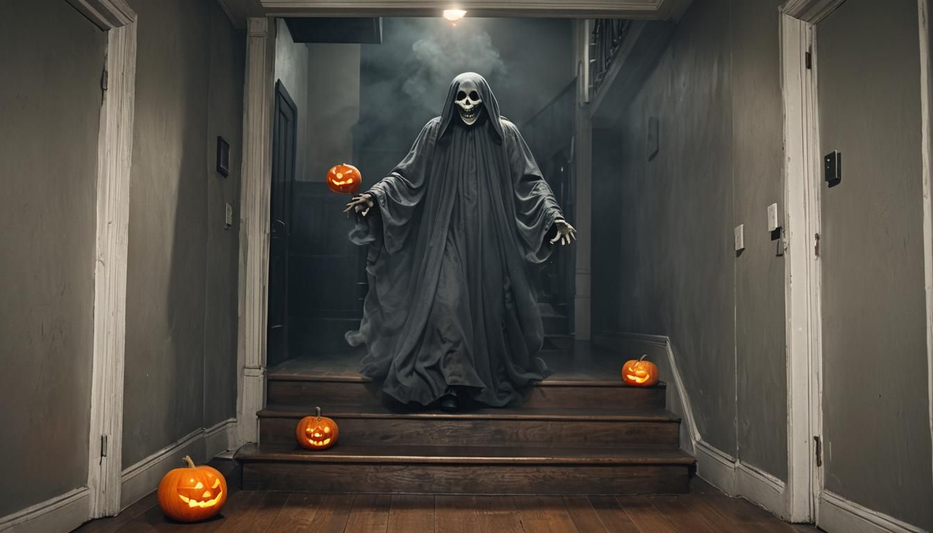 Scary Ghost on Dark Staircase in Dark Fantasy Style