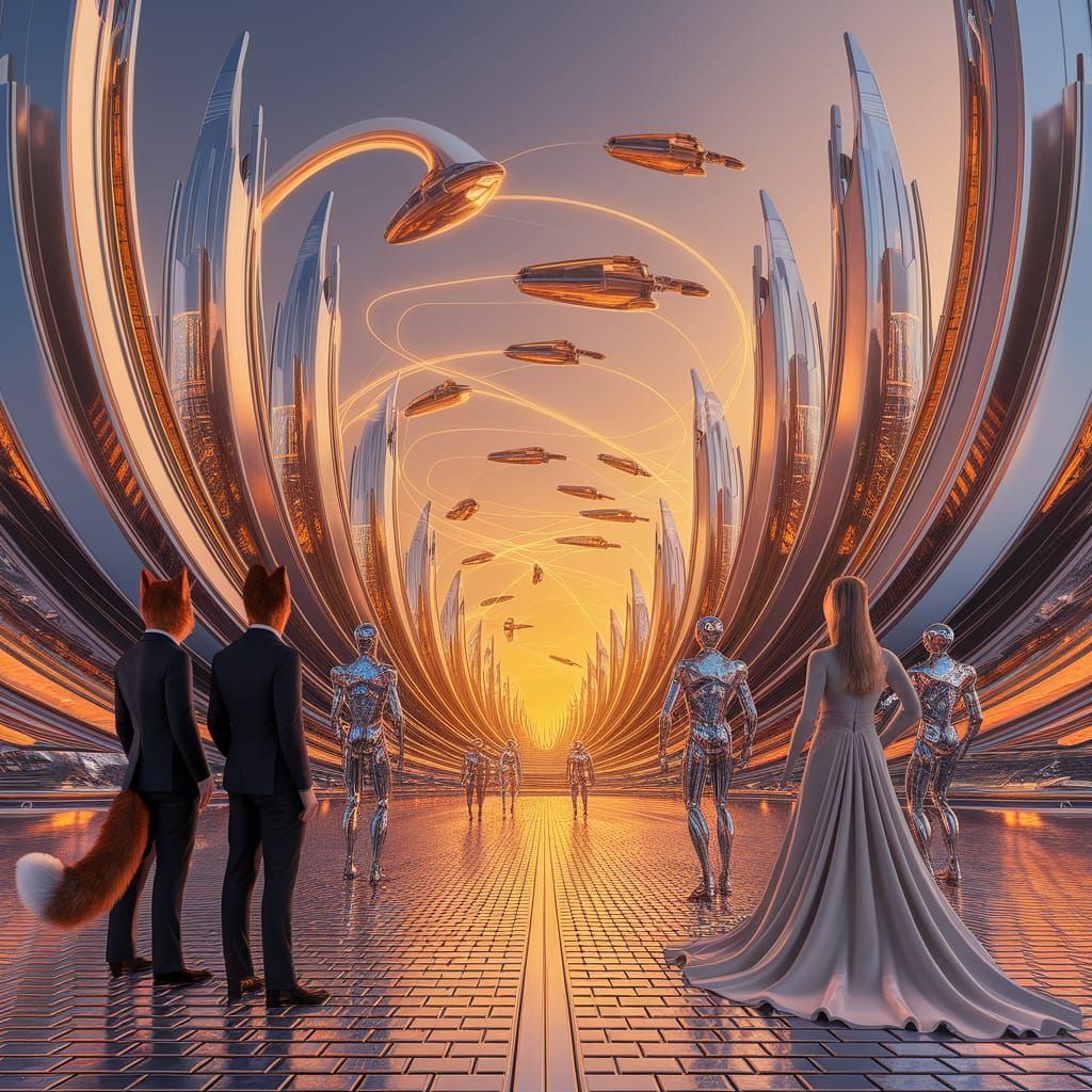 Futuristic Metropolis with Flying Machines and Dressed Anima...