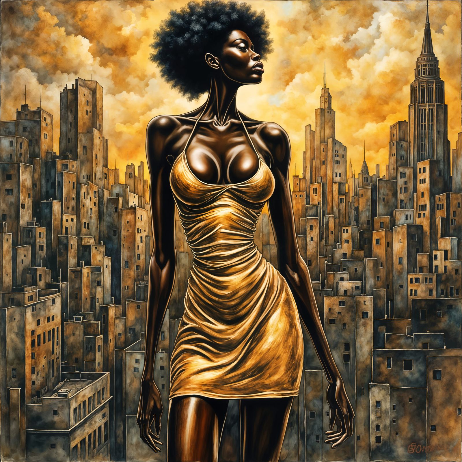 Beautiful Black Woman in Metallic Gold Dress, Neo-Impression...