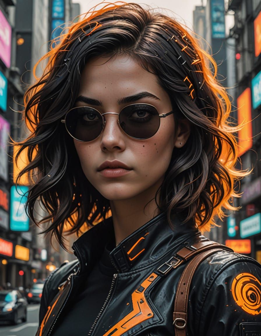 Cyberpunk Muse in Fiery Abstract World