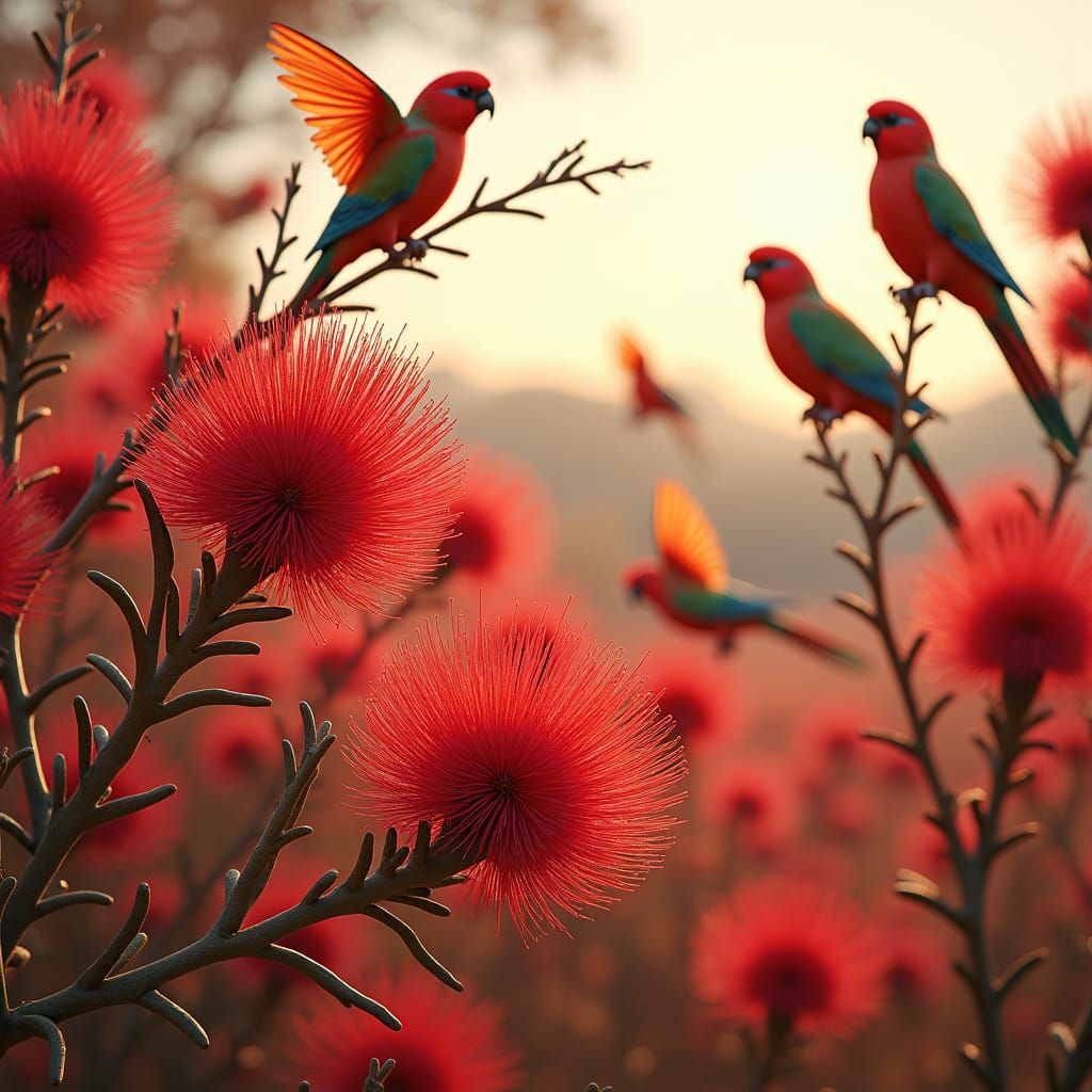 Rosella Parrots and Bottlebrush in Anime Style