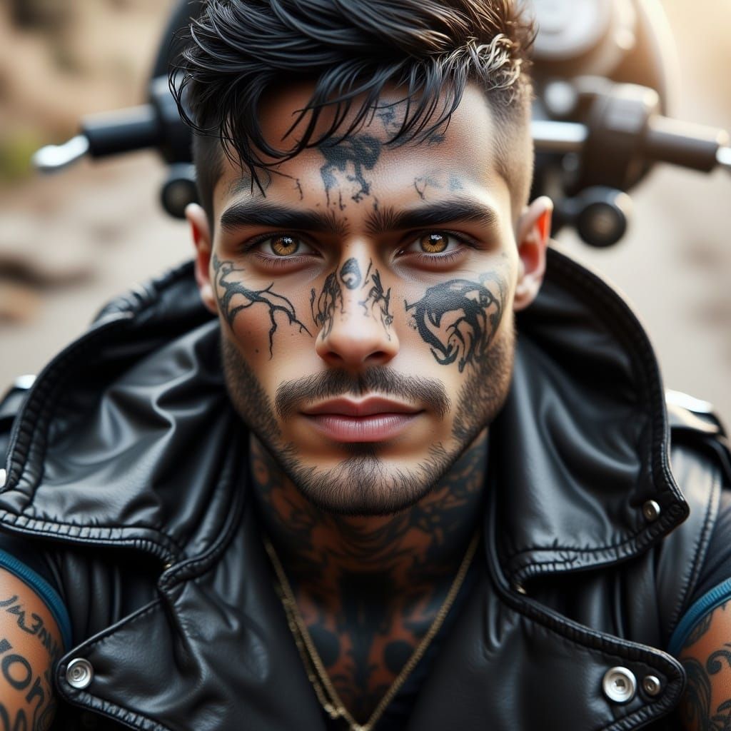 Tattooed Man with Motorcycle in Hyperrealism Style