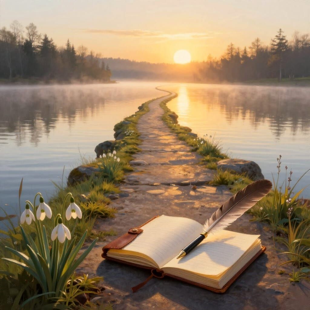 Serene Sunrise Over Calm Lake Path Symbolizing New Beginning...