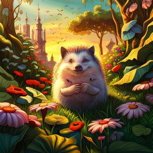 Cute Chibi Hedgehog in Ornate Fantasy Garden