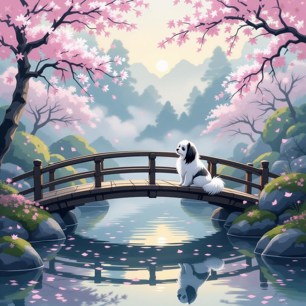 Tranquil Japanese Garden at Dawn with Shih-Tzu