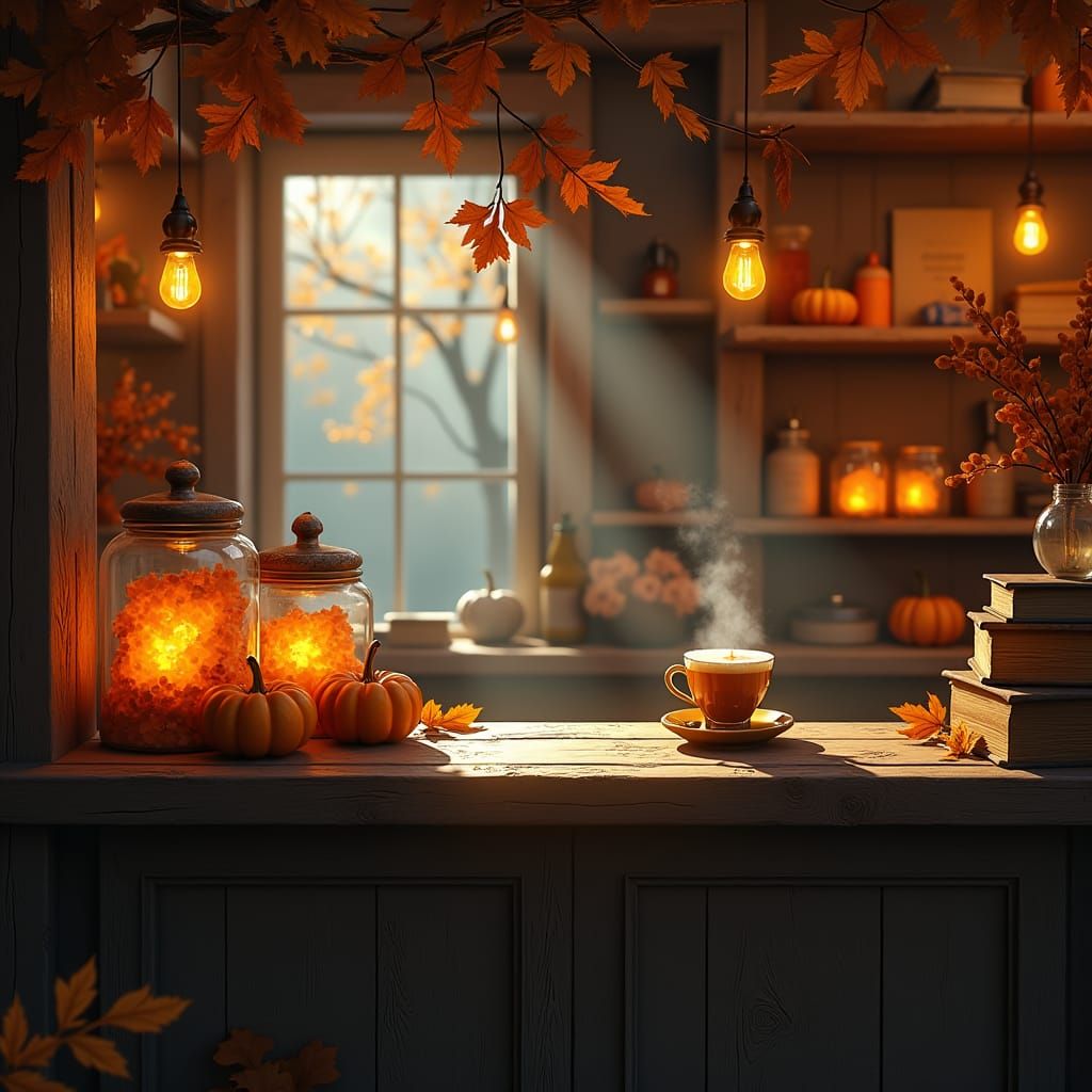 Enchanted Autumn Coffee Shop in Fantasy Concept Art Style