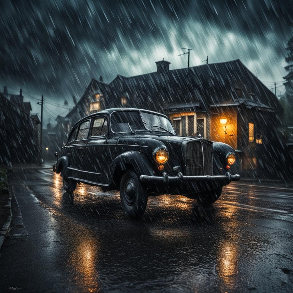 Hyperrealistic Car in Rain with Cinematic Atmosphere