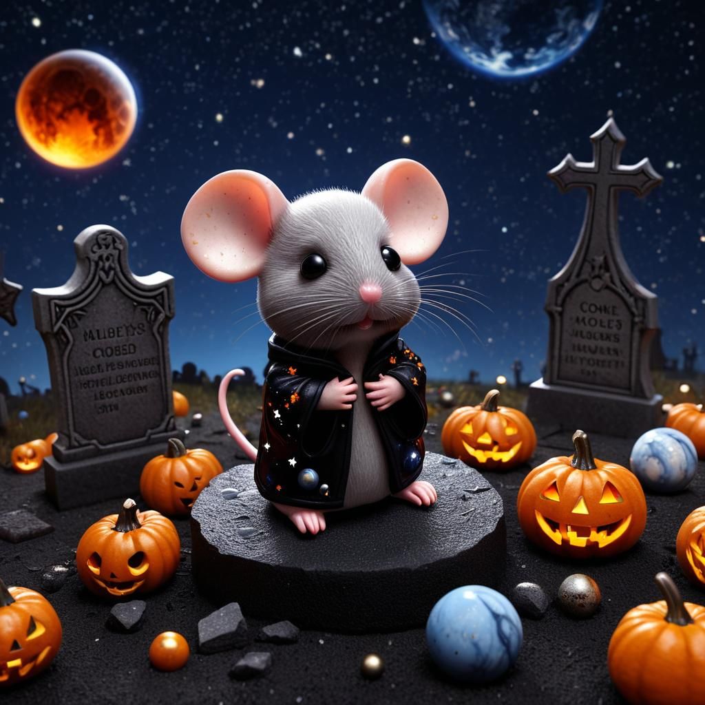 Hyperrealistic Chibi Mouse in Halloween Graveyard