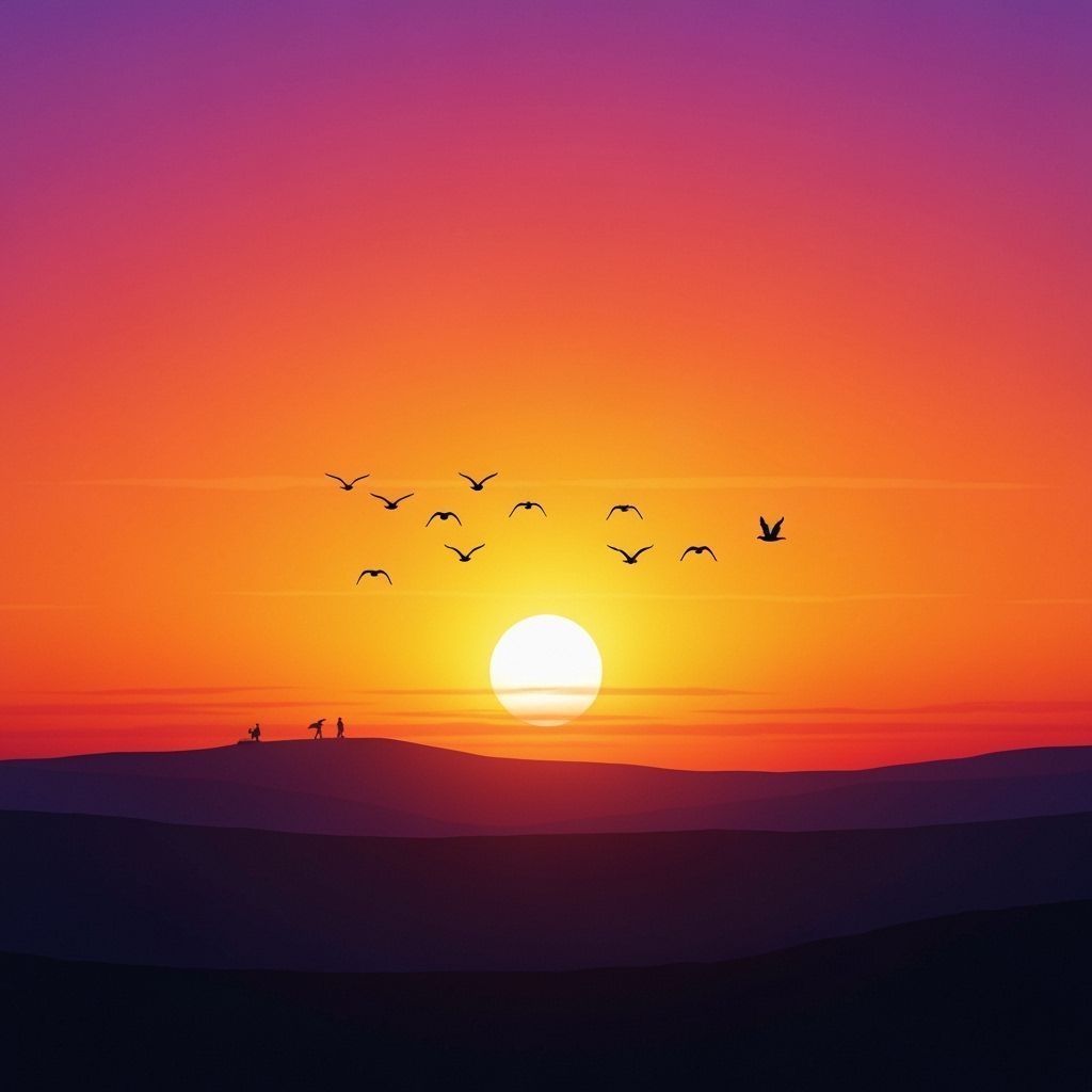 Sunset Landscape with Stars and Birds in Golden Light