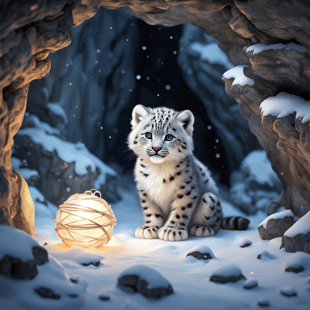 Whimsical Snow Leopard Kitten in Cozy Mountain Cave