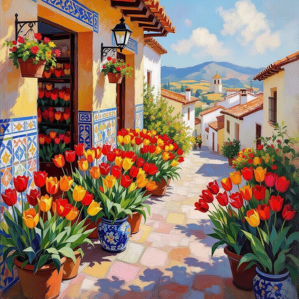Orange Tulips in Spanish Shop as Impasto Painting
