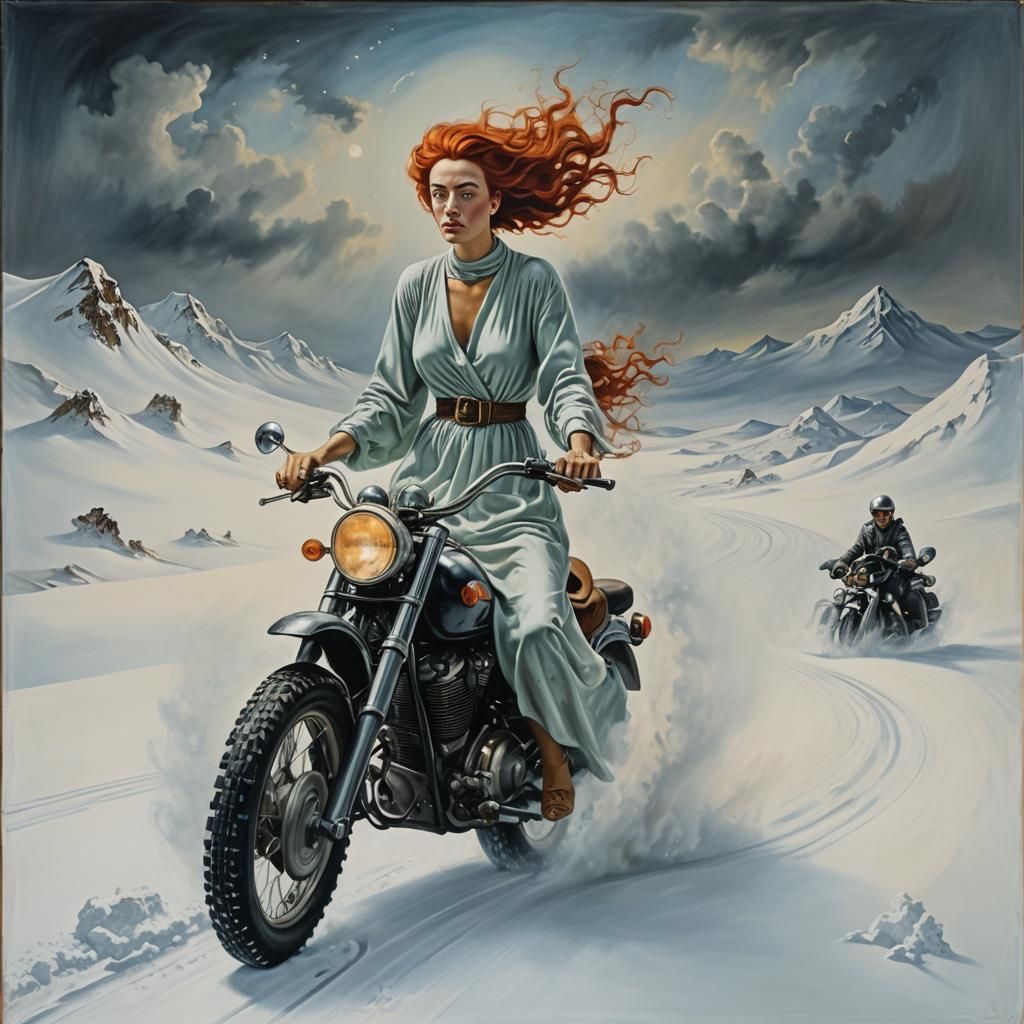 Woman on Motorcycle in Snow, Surrealist Style