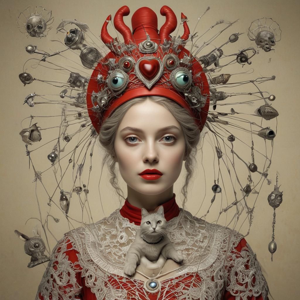 menera style, a woman in a red handmaid's outfit with an alien hat and cat eyes, epic and exquisite, majestic quality, h...