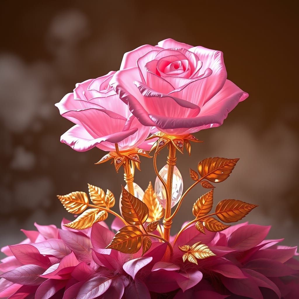 Crystal Pink Roses in Luxurious Gold and Crystal Setting