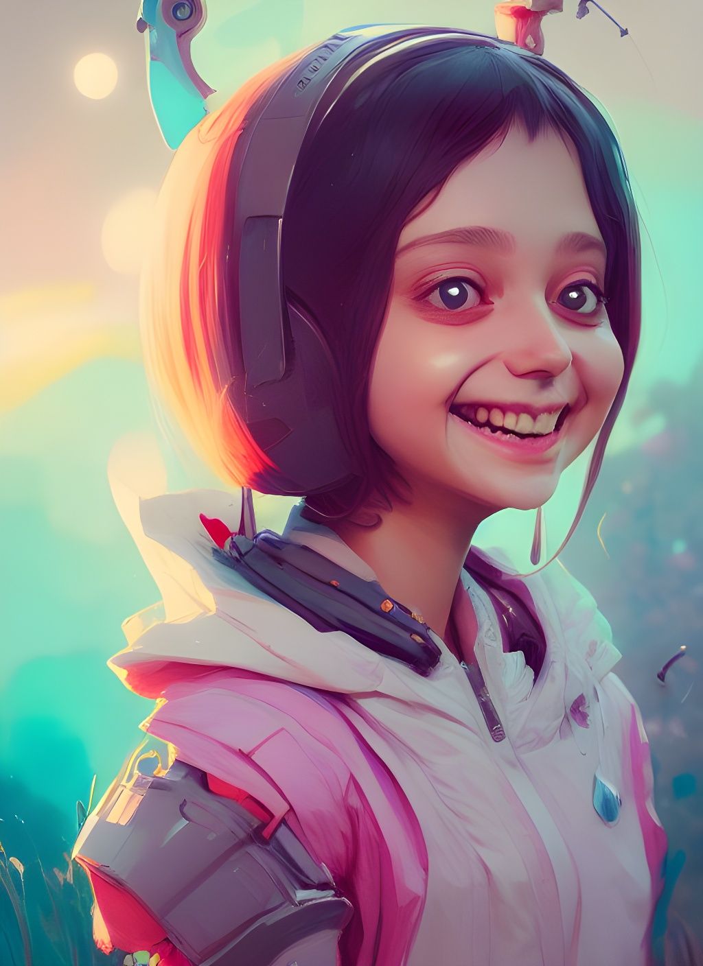 Cute Girl Portrait with Big Eyes, Digital Illustration