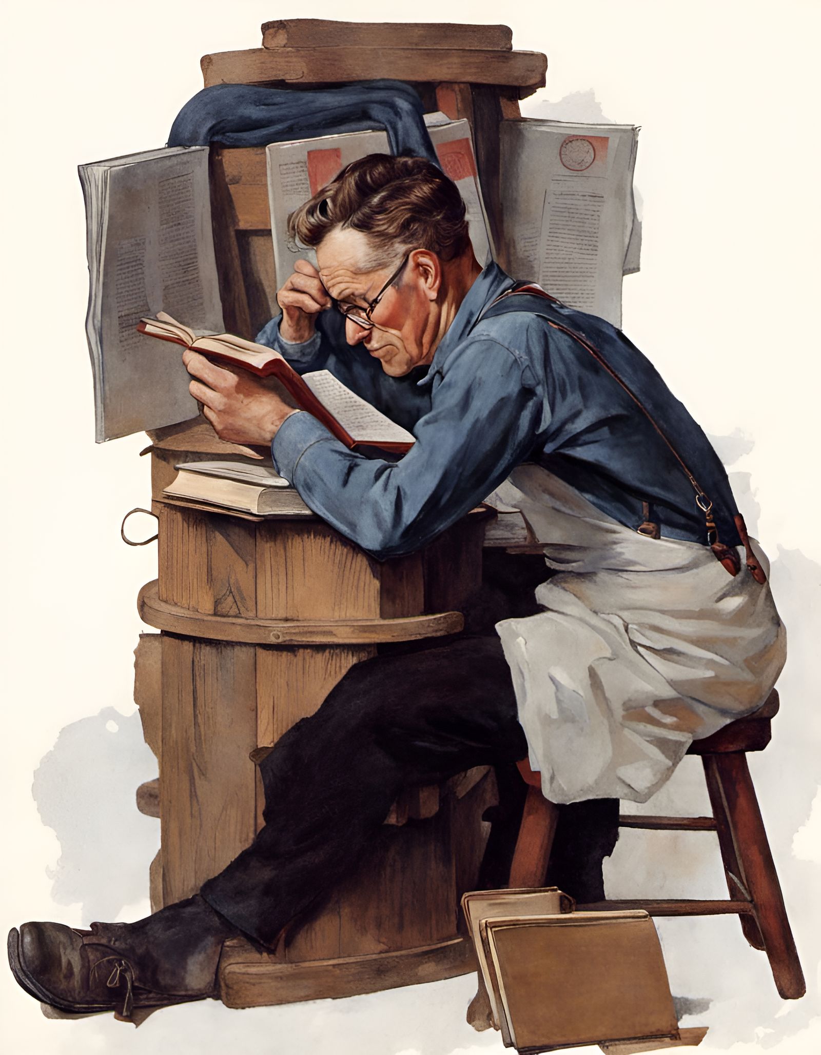 Man Reading Book in Norman Rockwell Style