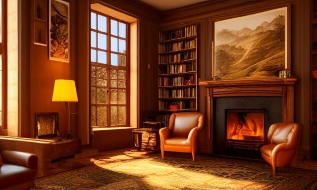 Cozy Room with Fireplace, Digital Illustration