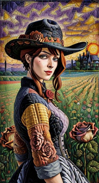 Bauhaus Cowgirl in a Kaleidoscopic Sunset