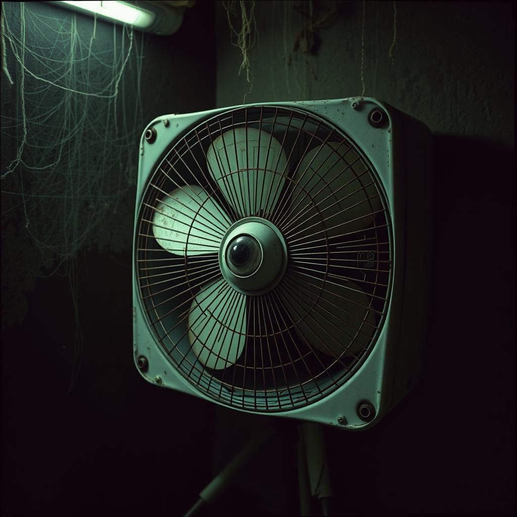 Eerie Eyeball Box Fan in Dusty Basement