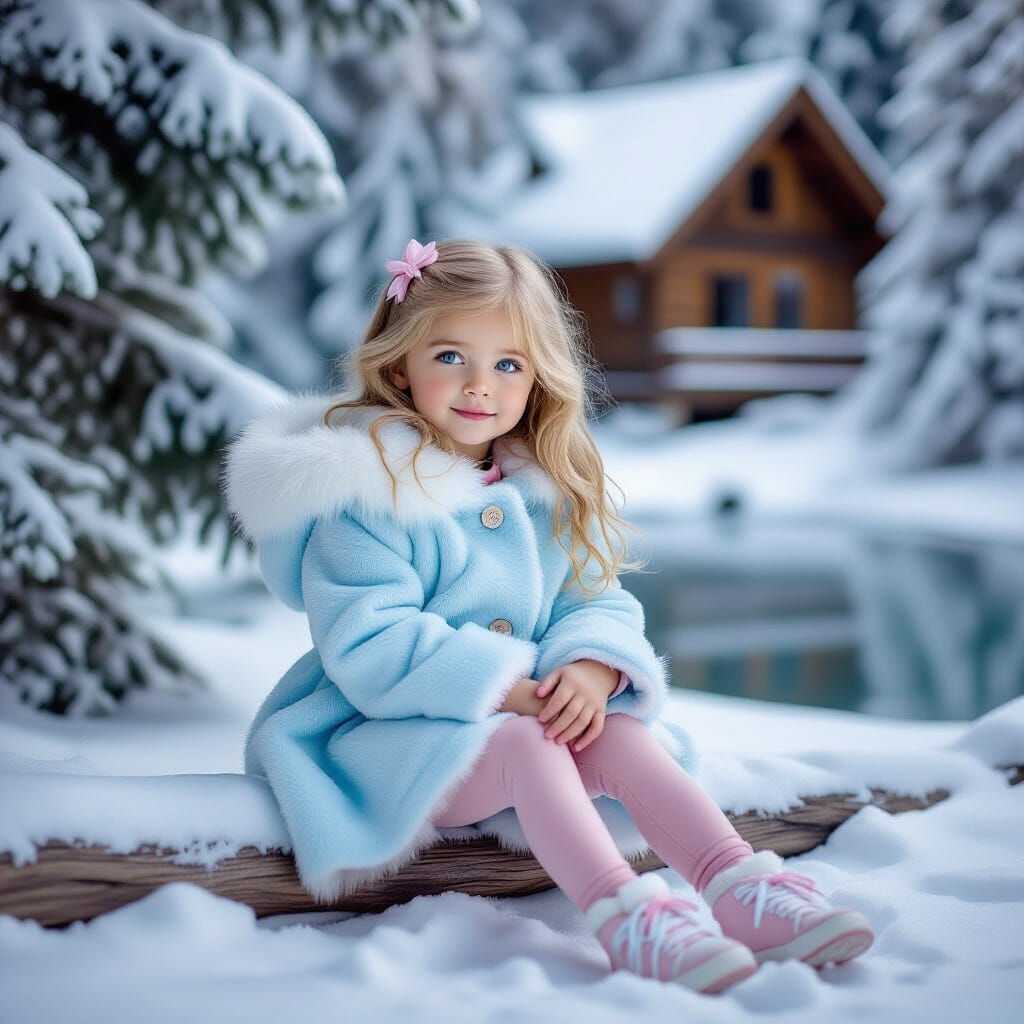 Girl in Snowy Forest Cabin, Whimsical Winter Scene