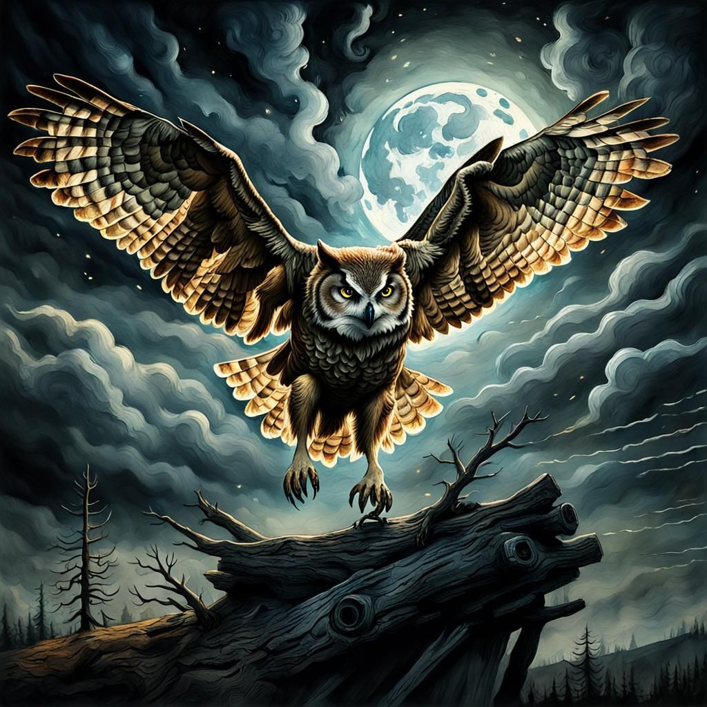 Dramatic Owl and Wolf in Watercolor Style