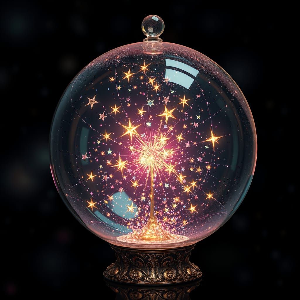 Luminous Stars Within Glass Orb in Cosmic Dreamscape