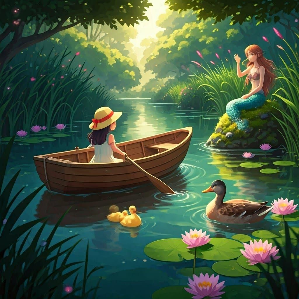 Girl, Mermaid, and Ducks in Ghibli Anime Style