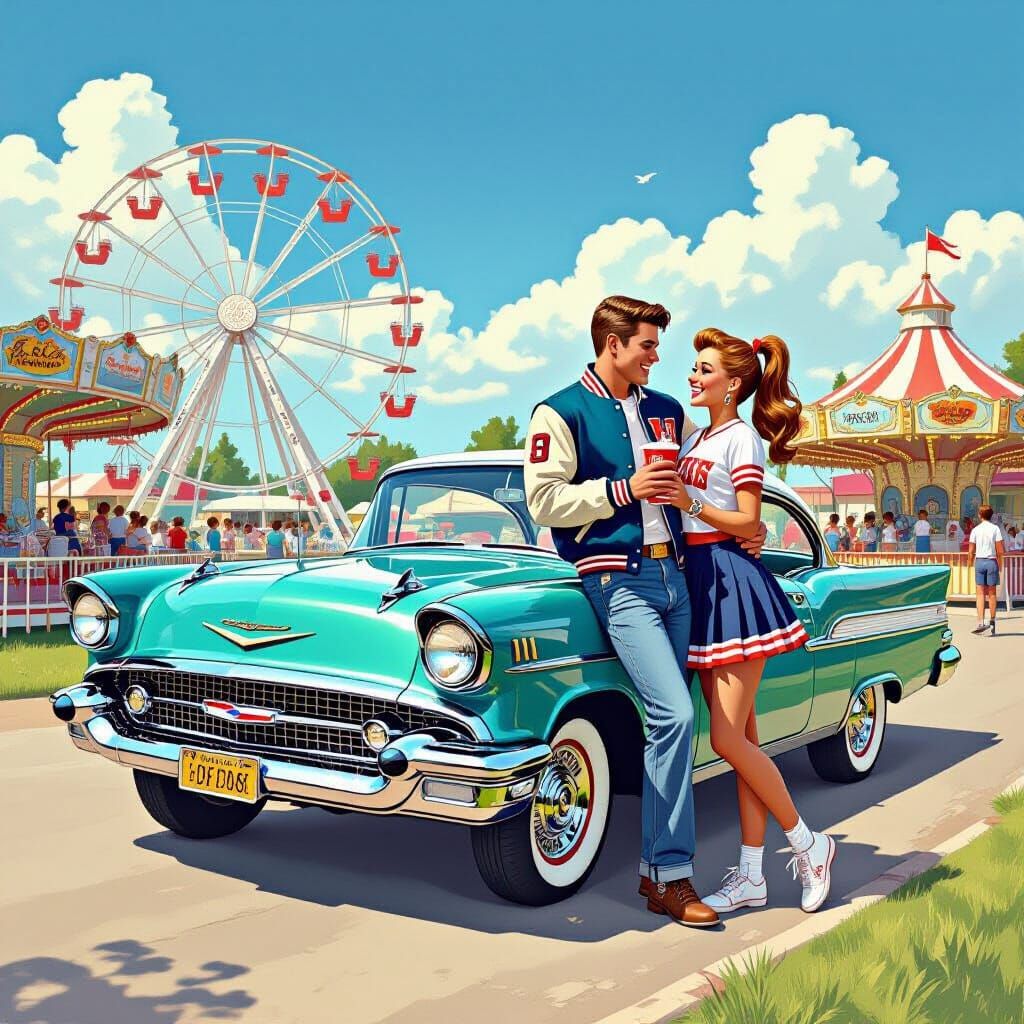 1950s Country Fair Scene with Classic Chevy and Couple