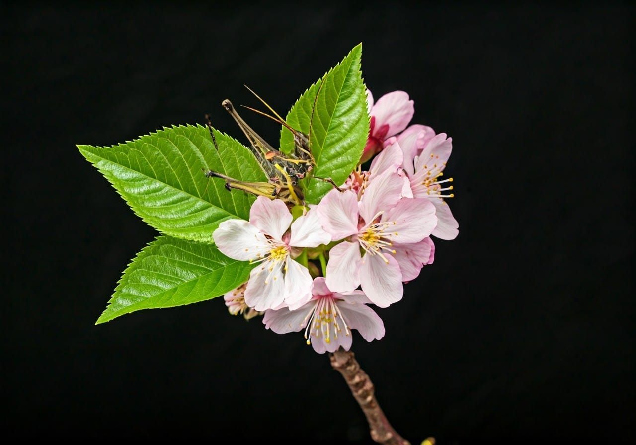 Grasshopper on Cherry Blossom Branch in Macro Photography