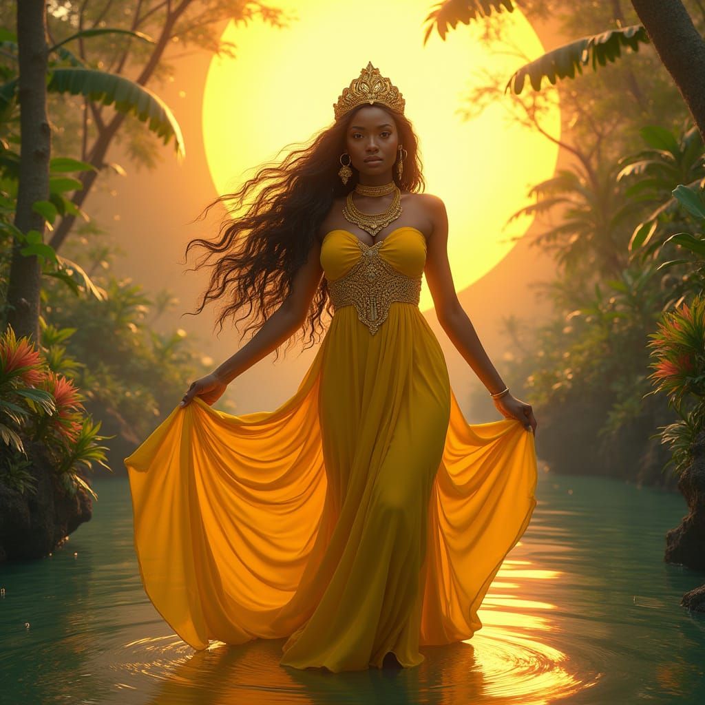 Vibrant Goddess Oshun in Radiant Sunlit Oasis