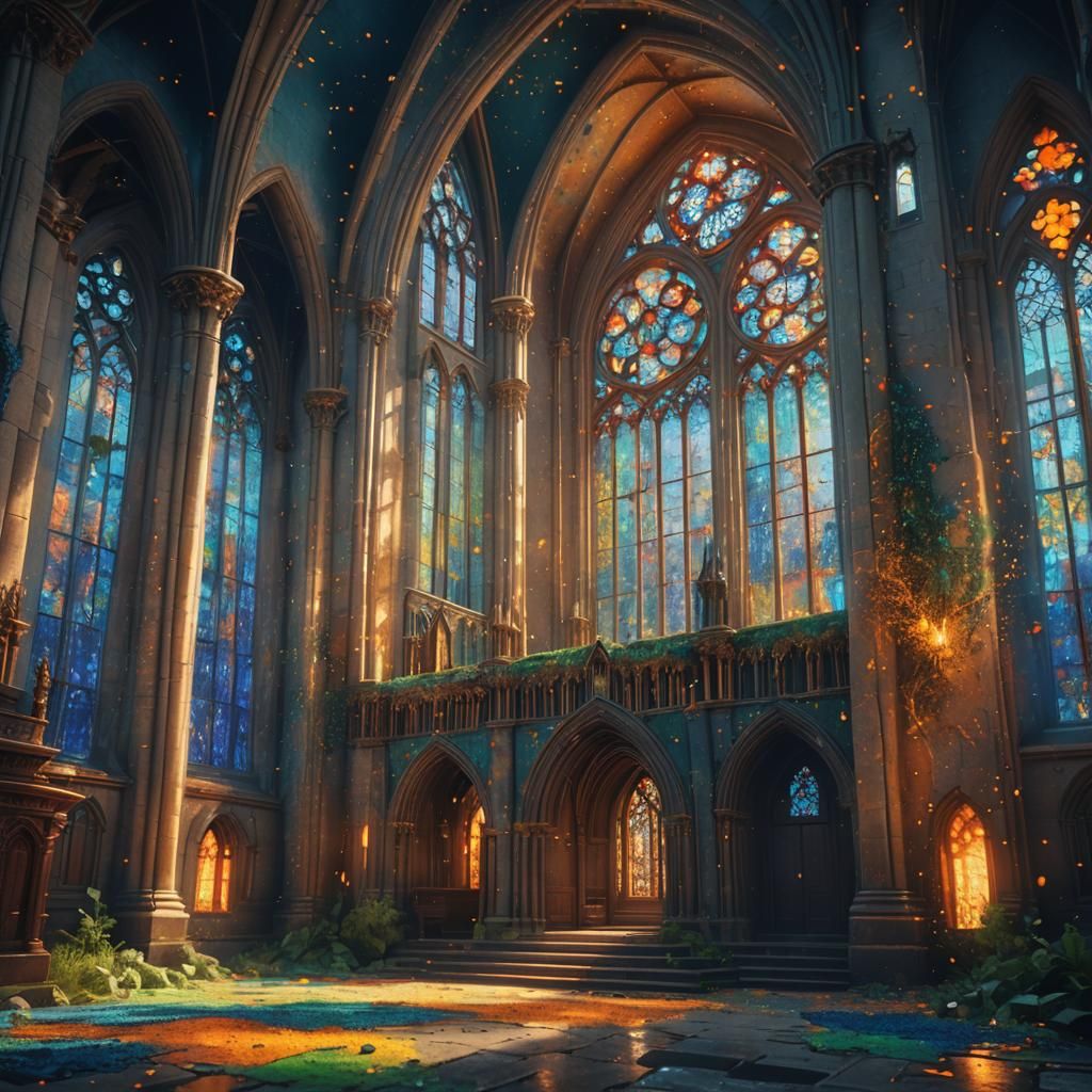 Mystical Church with Vibrant Stained Glass Windows