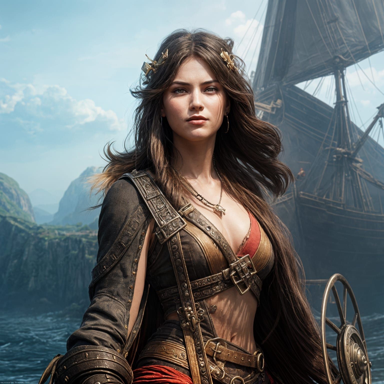 Photorealistic Female Pirate in Ancient Harbor