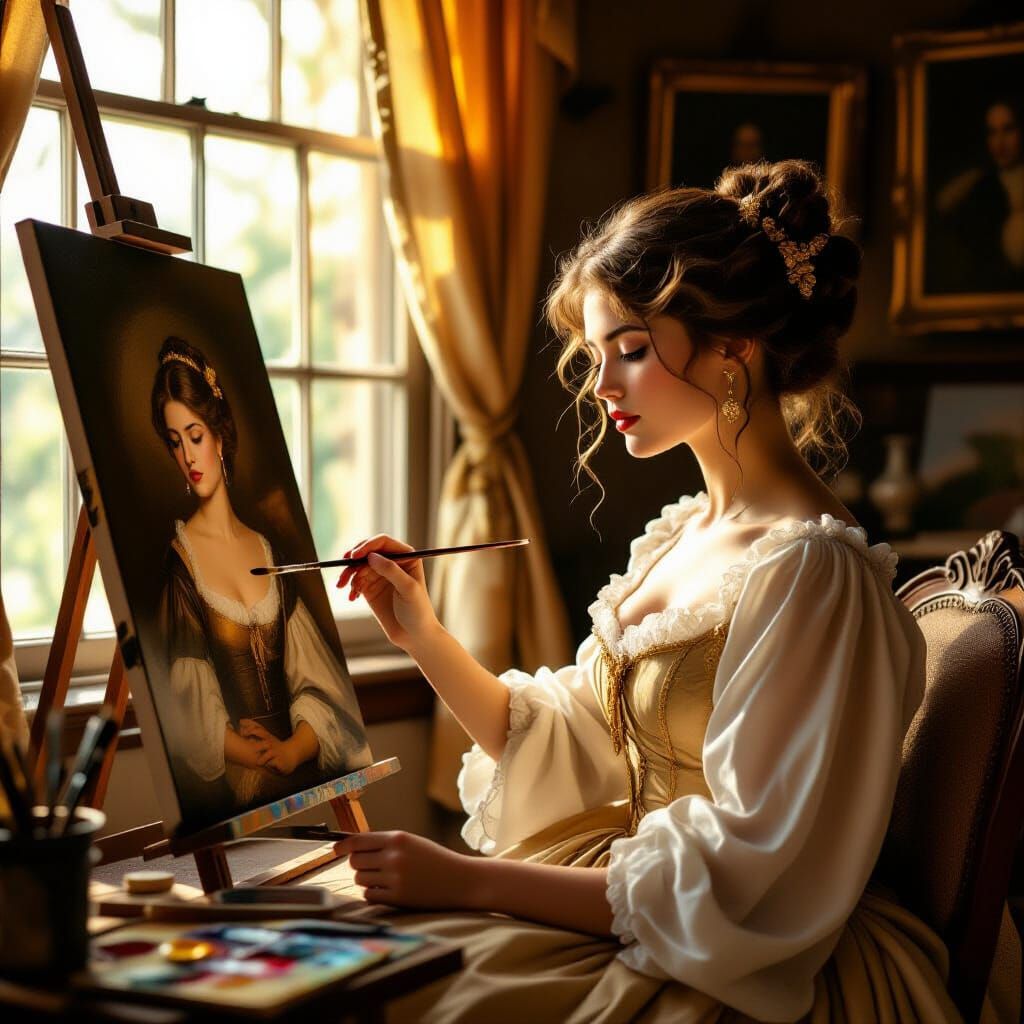 Elegant Girl Portrait in Art Studio, Cinematic Lighting